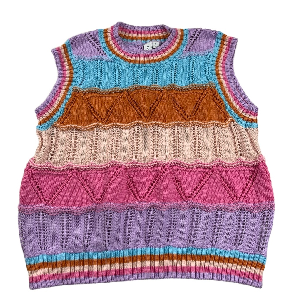 Grace+Karma Sweater Vest L Multicolor Striped Eyelet Knit Sleeveless Bohemian